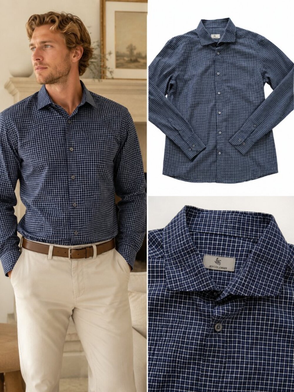 JEYCOLEMAN Navy White Grid Check Dress Shirt 15.5 39 Medium